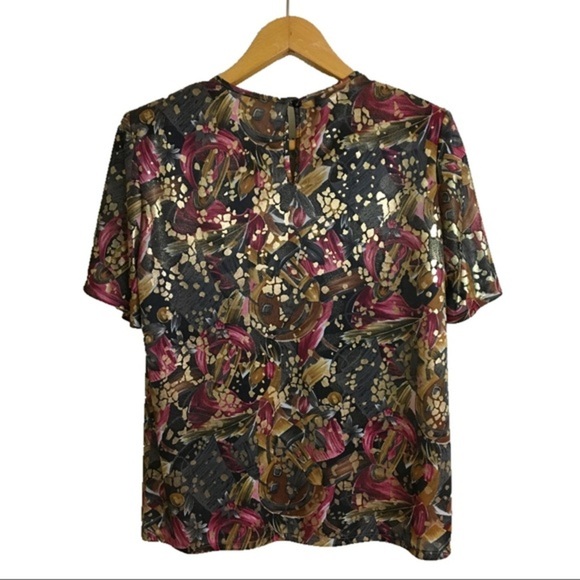 Vintage 80’s Abstract Top Shirt Gold Sheen Black Berry Woman’s 6 Fundamental - Picture 2 of 15